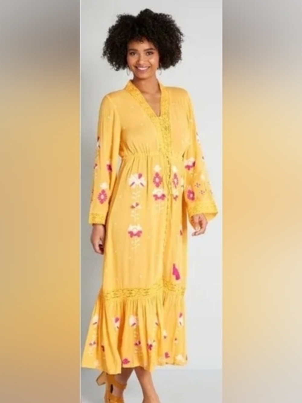 Frock And Frill Modcloth Embroidered Yellow V-Neck Maxi Dress